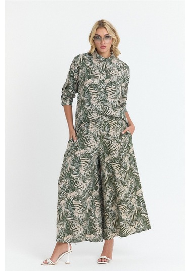 Schık Kadın Viskon Rahat Bol Paça Truvakar Kol Önü Düğme Baskılı Takım Haki