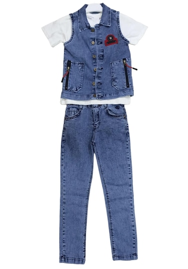 Erkek Çocuk Düğme Kapama Kot Yelek Tişört Kot Pantolon Üçlü Takım