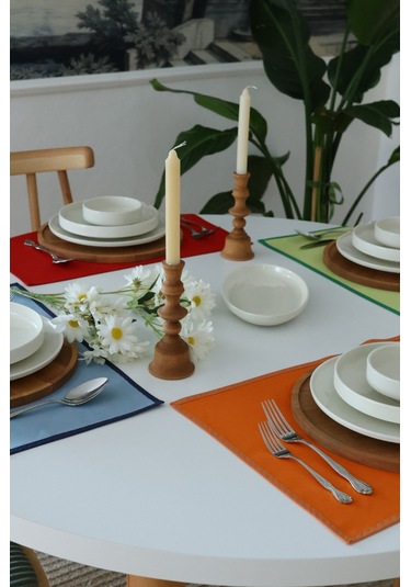 Yakacihome 4'lü Pera Mix Biye Detaylı Duck Keten Yıkanabilir, Leke Tutmaz Supla Amerikan Servis Seti Çok Renkli