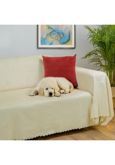 Jakarlı Şönil Koltuk Örtüsü Kanepe Örtüsü Koltuk Şalı 175x300 Kaymaz Ekru Ekru