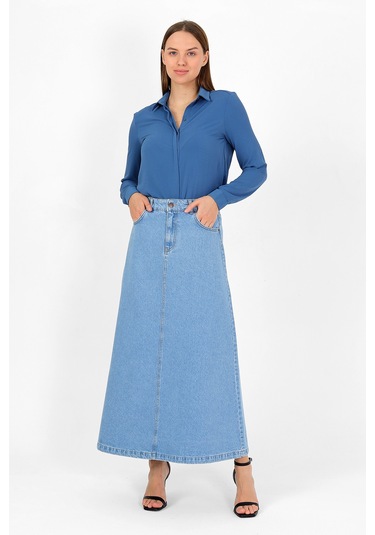 Yüksek Bel A Kesim Denim Etek Açık Mavi