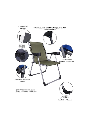 Alin Metal 2''li Lüks Bardaklı Kamp Sandalyesi Ve Masa Set Haki Haki