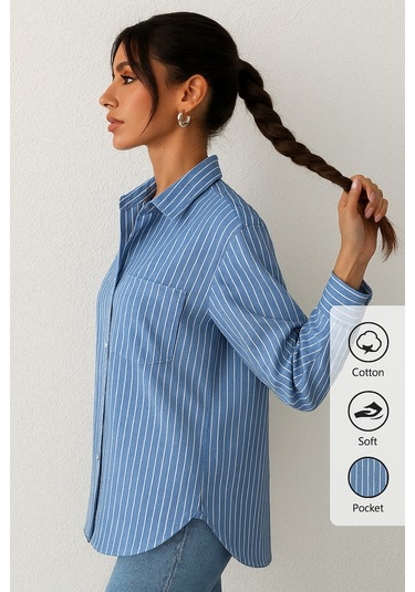 Çizgili Oversize Gömlek Mavi Mavi