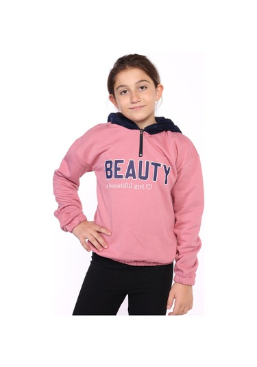 Toontoy Kız Çocuk Kapüşonlu Baskılı Sweatshirt Gülkurusu