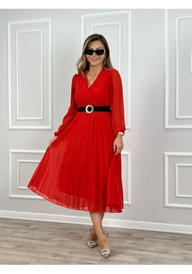 Tua Moda Kadın Şifon Kumaş Astalı Kloş Kesim Kruvaze Yaka Midi Boy Elbise Kırmızı
