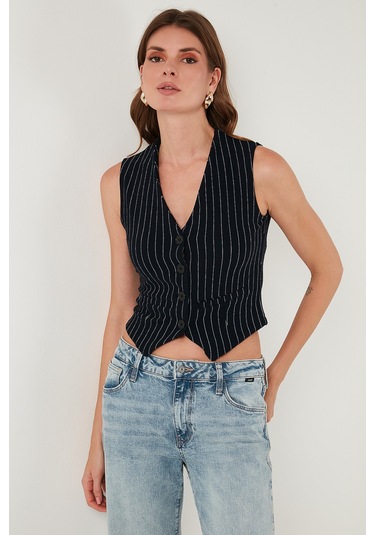 Lela Streç Fitted Fit V Yaka Düğmeli Bayan Yelek 5865971 Lacivert-Beyaz