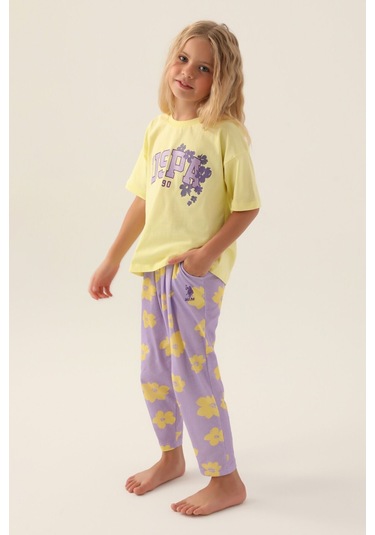 U.s. Polo Assn Lisanslı Floral Pattern Kız Çocuk Pijama Takımı Açık Sarı