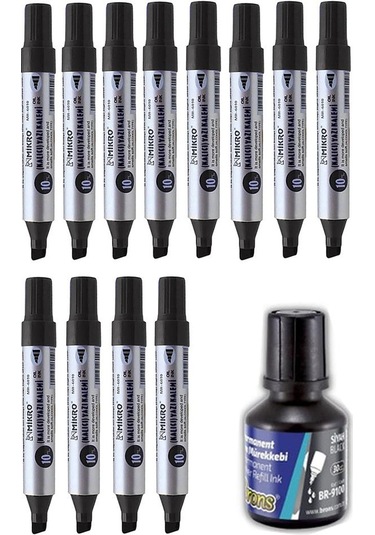 Siyah 10 Mm Kesik Uçlu Markör Permanent Kalem 12 Adet Ve Siyah Mürekkep 1 Adet Çuval Koli Kalemi