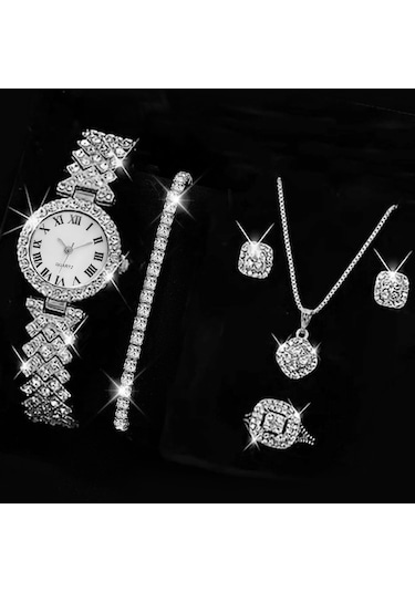 Saat Seti Şık Retro Desenli Elmas Kadın Bileklik Kadın Seti Gümüş + Tek Sıra + Kare 3 Parça Diğer