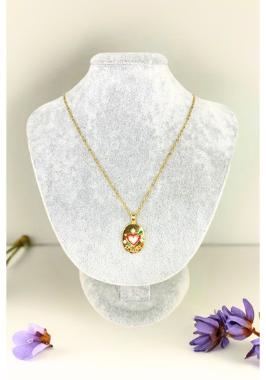 Gold Renkli Kalp Motifli Zirkon Taşlı Çelik Kolye Altın