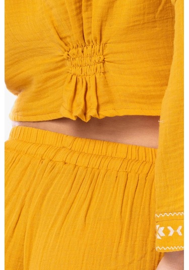 Uzun Kol Günışığı Büzgü Detaylı Yazlık Müslin Bluz Hardal Hrd-hardal