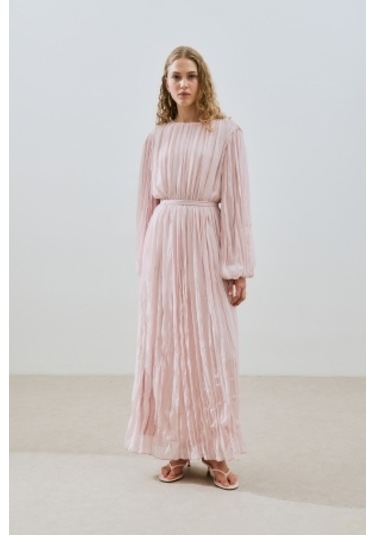 Piliseli Şifon Elbise Pudra Pudra