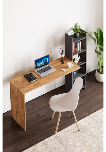 Kitaplıklı Fonksiyonel Çalışma Masası Atlantik Çam- Antrasit Gri