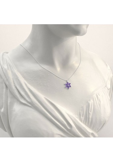 İndigo Takı Ametist Taşlı Lotus Çiçeği Beyaz Gümüş Kolye