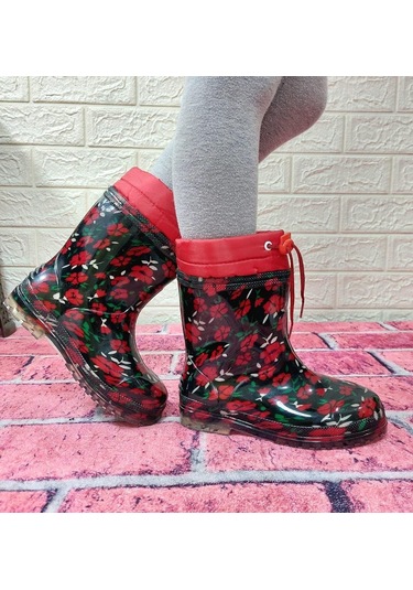 Çağrı Kırmızı Çiçekli Siyah İçi Yünlü Kız Çocuk Konçlu Yağmur Çizmesi 001