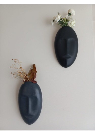 Dekoratif 2'li Yüz Duvar Vazosu, Duvar Süsü ,heykel Aksesuar Siyah Antrasit