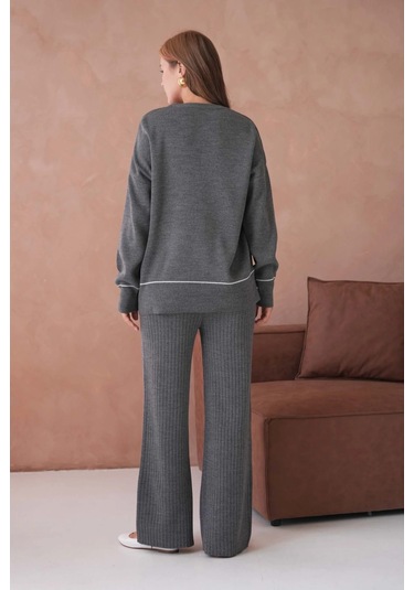 Kadın Bisiklet Yak Adüşük Kol Kazak Fitilli Pantolon İkili Triko Takım Antrasit