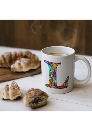 L Harfi Bardak 330 Ml İsme/harfe Özel Hediye, Renkli Harf Tasarım Beyaz