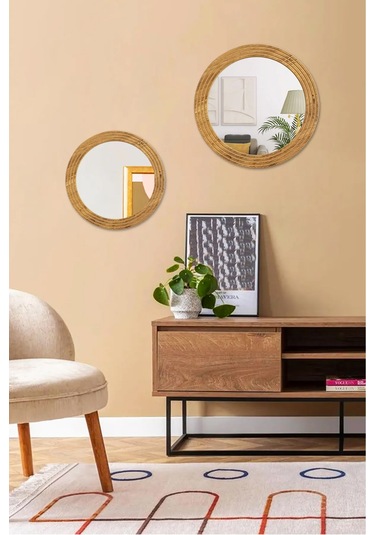 Antik 2 Li Dekoratif Ayna Seti Yuvarlak Banyo Duvar Aynası 56-43 Açık Kahverengi