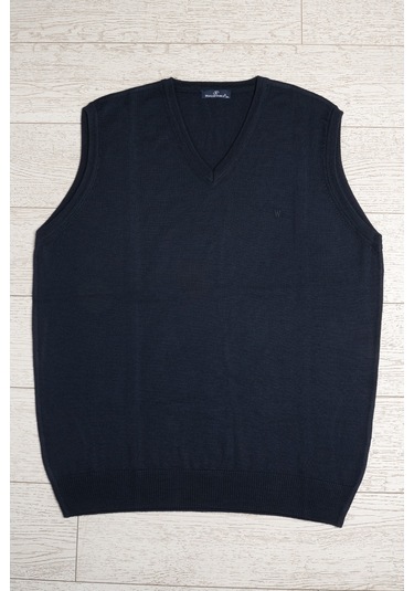 V Yaka Battal Büyük Boy Yünlü Kolsuz Triko Süveter Lacivert