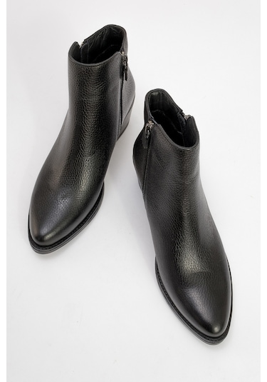 Jayer Siyah Floter Hakiki Deri Fermuarlı Kadın Topuklu Bot Siyah Floter