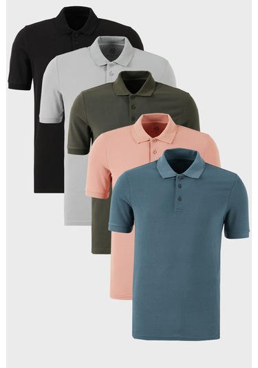 Buratti Pamuklu Regular Fit Düğmeli Polo Yaka 5'Li Paket Erkek T Shirt 5902127S5 Siyah-Haki-Pudra-Kül-Petrol