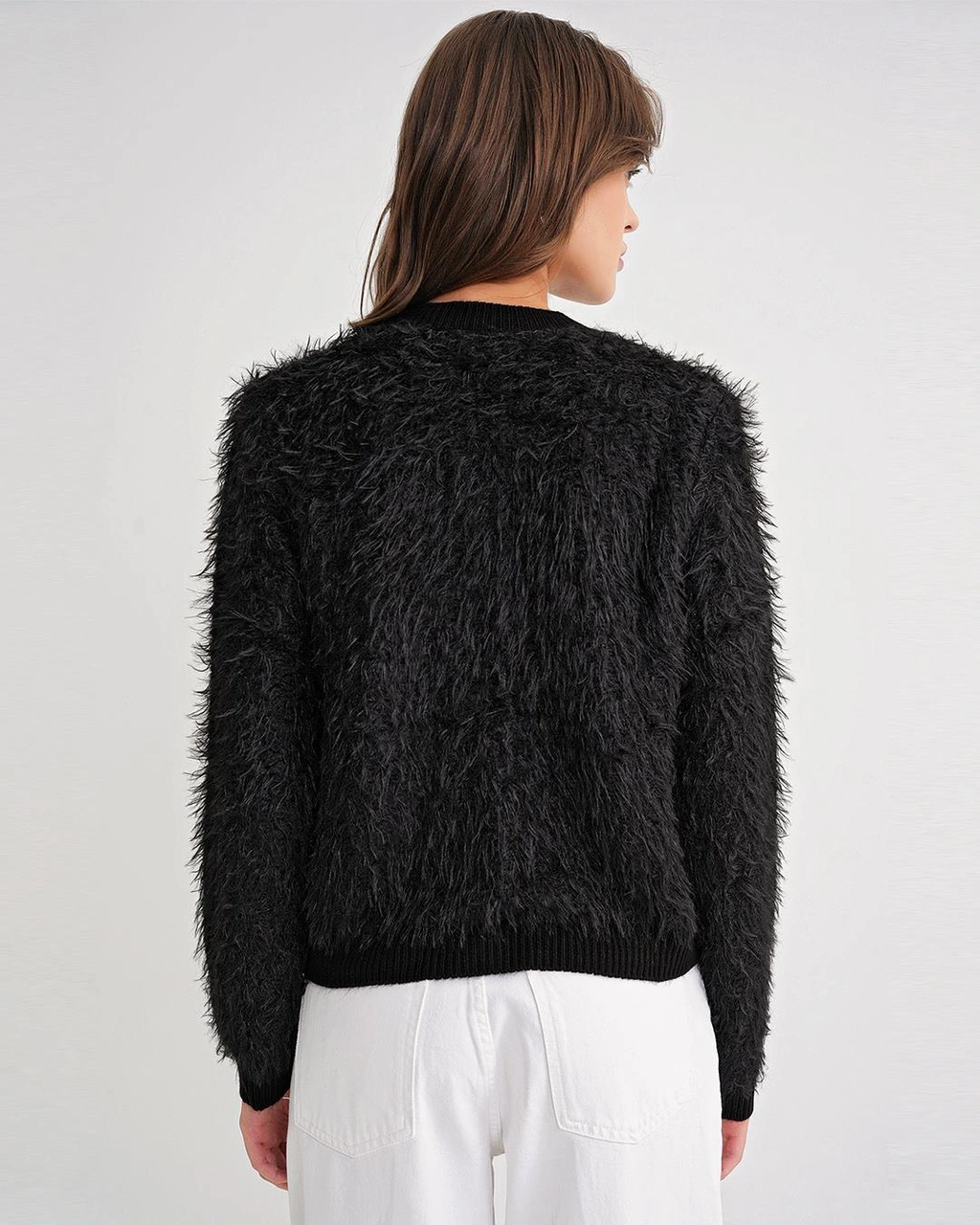 6897 Kadın Uzun Sakallı Bant Detaylı Triko Hırka Siyah Siyah