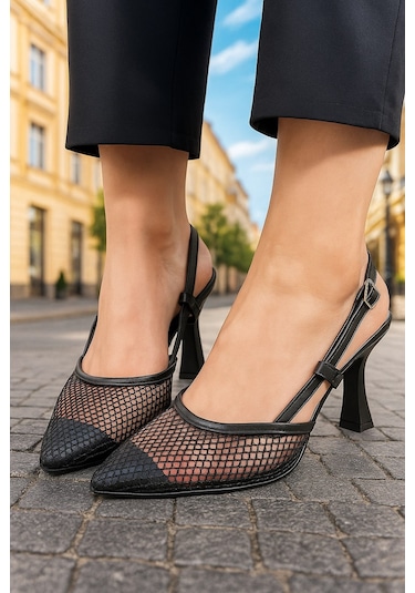 Günlük Kadın Fileli Arkası Açık Ayarlanabilir Tokalı İnce Topuklu Abiye Ayakkbı 923 Simli - Siyah
