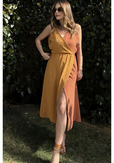 Kadın Hardal & Turuncu Color Block Kruvaze, Hasır Askı Detaylı, Yırtmaçlı, Uzun Airobin Elbise Hardal