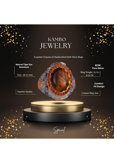 Gerçek Doğal Taş Yüzük - Sultan Yüzük - 925 Ayar Gümüş Yüzük Kaplan Gözü Gümüş