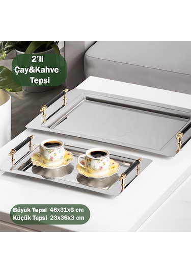 Porsima Gold 2 Li Paslanmaz Çelik Kahve Sunum Tepsisi Gümüş Go...