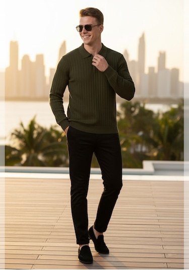 Deepsea Erkek Haki Slim Fit Polo Yaka Triko Kazak - Yumuşak Dokulu Esnek Ve Şık Görünüm 2605305 Haki