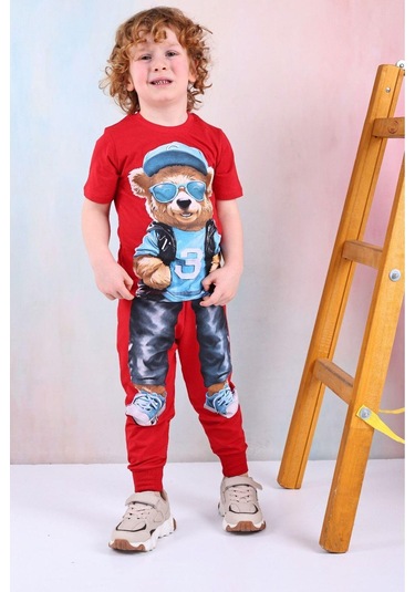 Erkek Çocuk Ayı Desenli Kısa Kollu Tshırt Eşofman 2'li Takım-1092 Kırmızı