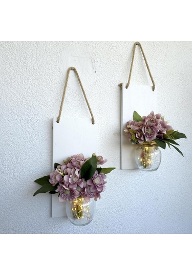 Led Işıklı, Kahve Yasemin Çiçekli Duvar Dekoru Beyaz İkili Set Beyaz