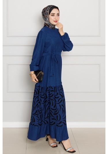 Eteği Desenli Karin Elbise-saks Mavi-4269-saks Mavi Saks Mavi