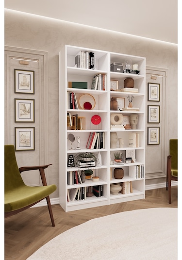 Asra Trend K-09 %100 MDF 120 cm 2 Modüllü Kitaplık 14 Raflı Kütüphane Beyaz