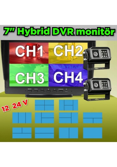 2 Adet Metal Kasa Ledli Kamera Ve 7 İnç Dvr Monitör Seti 12 - 24 V 256 Gb