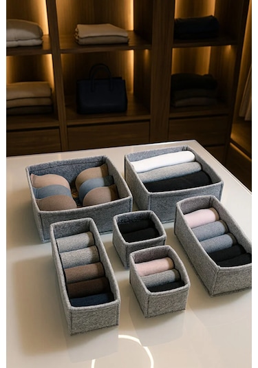 Gri Keçe Çekmece Ve Dolap Düzenleyici Organizer Seti 6 Parça Krem, Çok Amaçlı Düzenleyici Kutular Gri