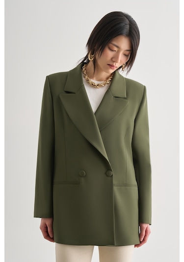 Mizalle Oversize Çift Yırtmaçlı Haki Blazer Ceket Haki