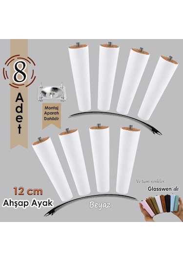 8 Adet Ahşap Ayak 12 Cm Beyaz M8 Civatalı Bağlantı Aparatlı Dolap Mobilya Koltuk Kanepe Destek Ayağı Ayakları Beyaz