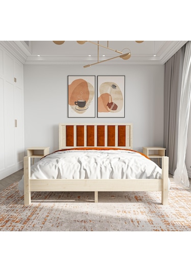 Orion Model Kiremit Renk Puflu Başlıklı Doğal Çam Ahşap Karyola Ve İki Komodin Set-240 100 x 200