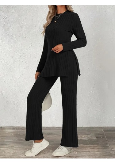 Evyora Kadın Uzun Kollu Bisiklet Yaka Yandan Yırtmaçlı Şardonlu Kaşkorse Bluz Ve Pantolon Ikili Takım Siyah Evyora Kadın Uzun Kollu Bisiklet Yaka Yandan Yırtmaçlı Şardonlu Kaşkorse Bluz Ve Pantolon Ikili Takım Siyah