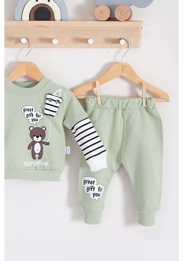 Gift For You Desenli 2'li % 100 Pamuk Erkek Bebek Takımı Yeşil