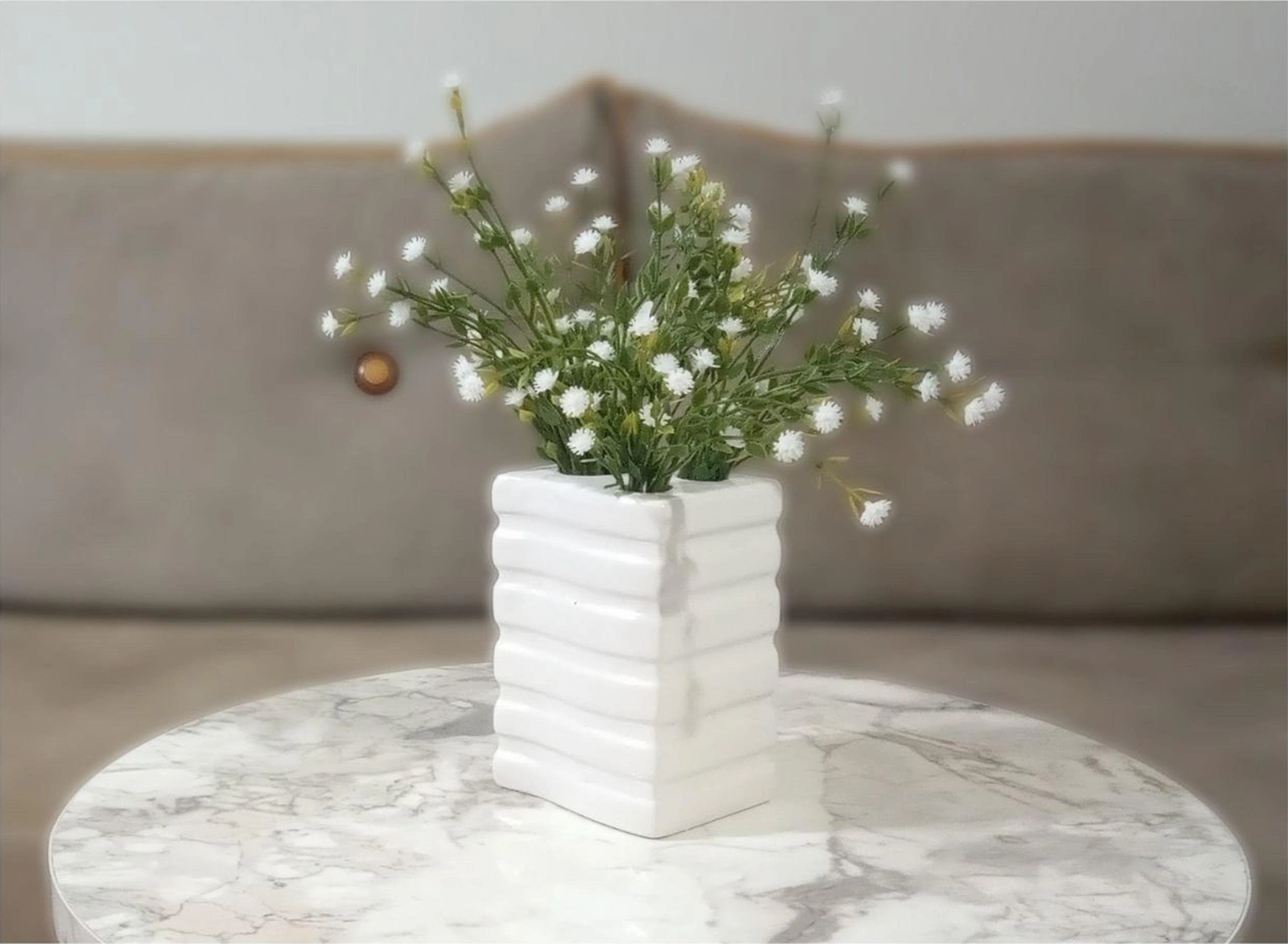 2 Adet Vazo Dahil,vazoda Çiçek,beyaz Yapay Çiçek,vazo Dekoratif Kare Çizgili 8x6x16cm Çok Renkli