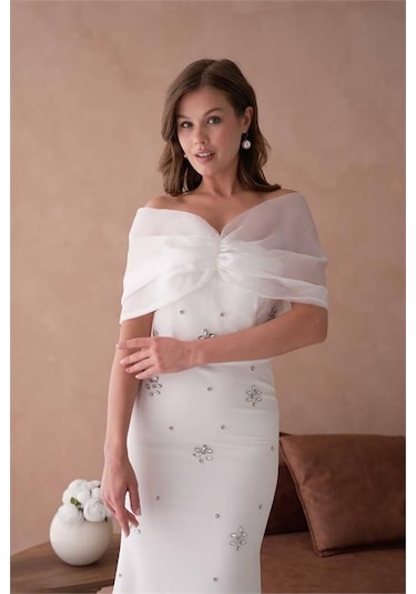 Dip Moda Dipmoda Kadın Beyaz Tül Ve Taş Detaylı Abiye Elbise Dpnbs9372 Beyaz