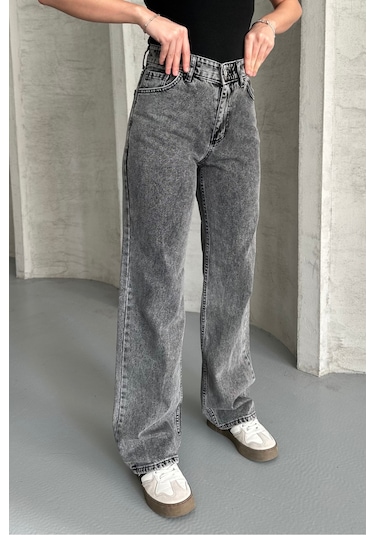 Palazzo Füme Yüksek Bel Jeans Füme