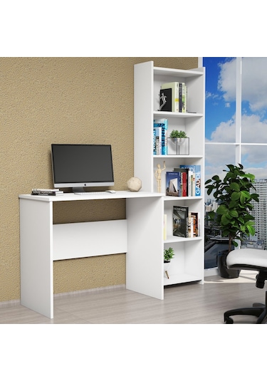 Ferniso Mobilya Çalışma Masası + 5 Bölmeli Kitaplık Beyaz