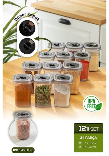 Vienev 12'li Döner Başlık Kapaklı Etiketli Hava Geçirmez 0,45 Lt Baharat Saklama Seti Antrasit