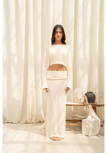Mai Collection Naval Bej Crop Etek Triko Takım