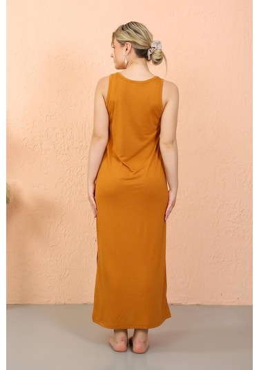 Akbeniz Kadın Kalın Askılı Yırtmaçlı Uzun Hardal Gecelik 90110-hardal Hardal